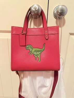 Coach Red Leather Tote with Green Dinosaur Applique